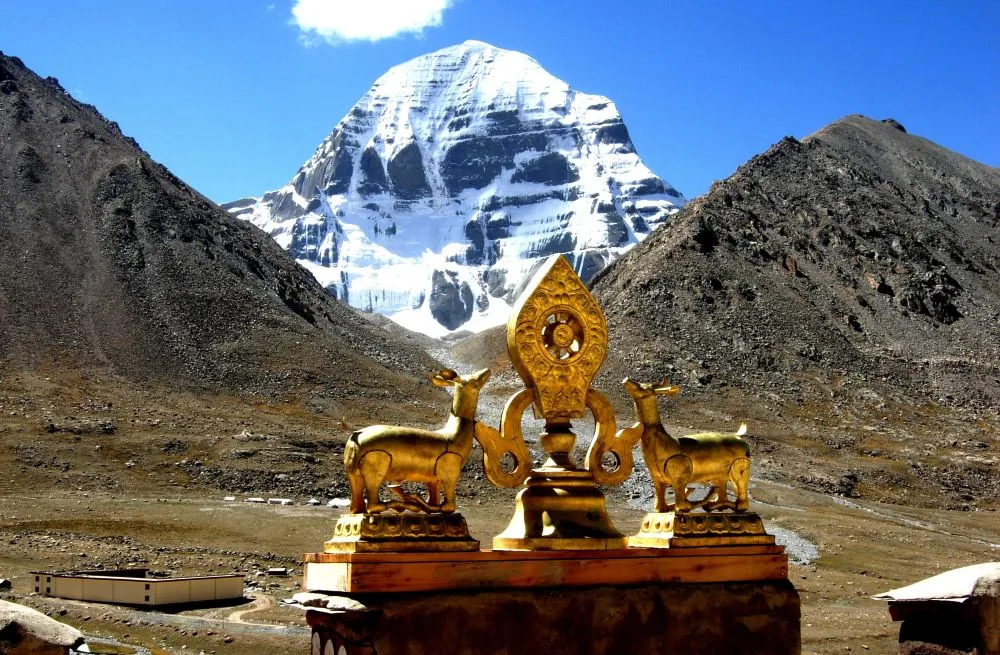 Mount Kailash with Tibetan religious objects in foreground
