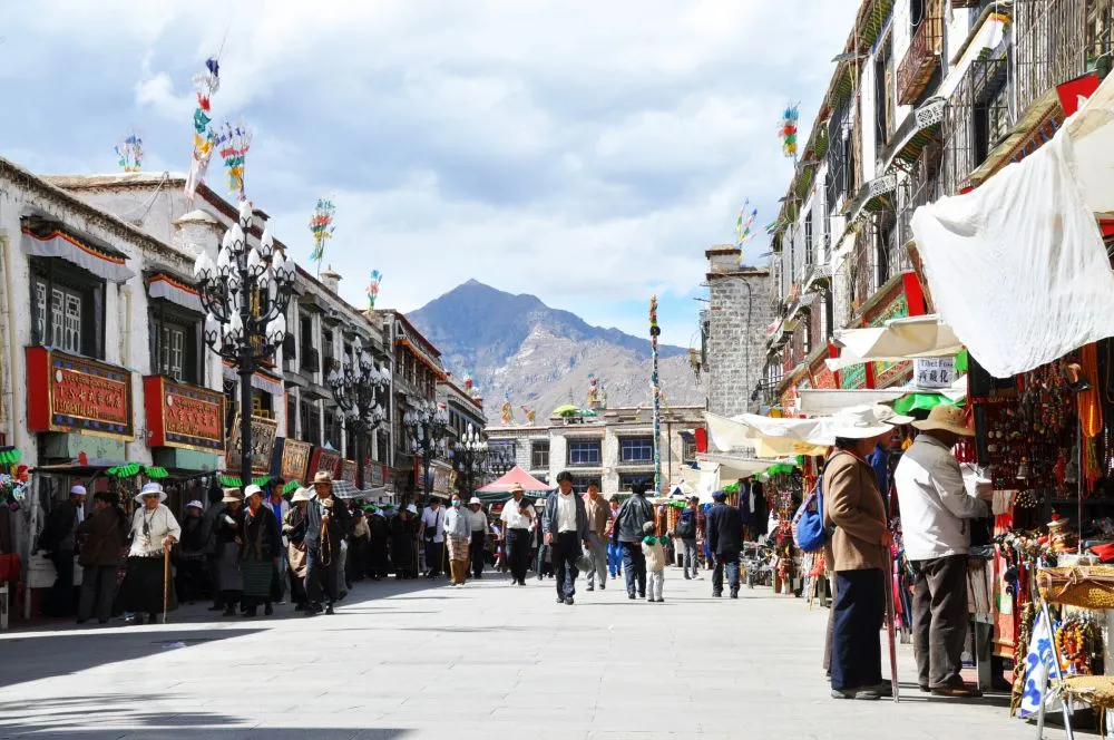 Crowded Barkhor Street market in Lhasa, Tibet