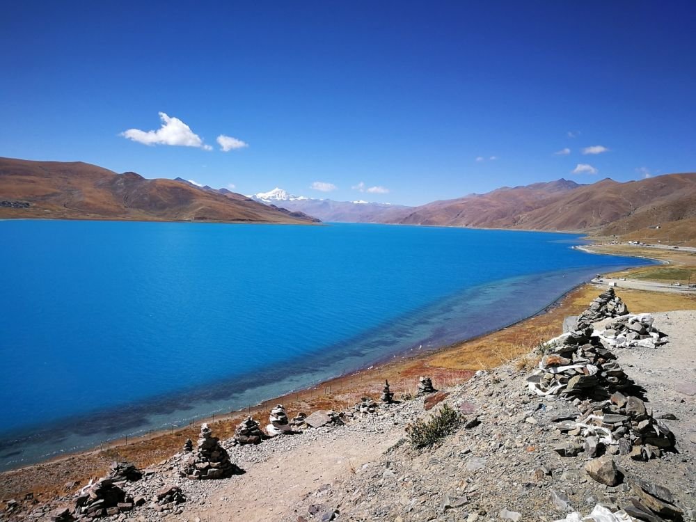 Aerial view of Yamdroktso Lake in Tibet