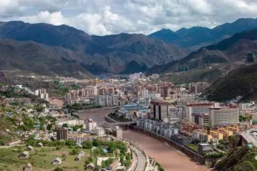 Chamdo city in Tibet surrounded by mountains and river