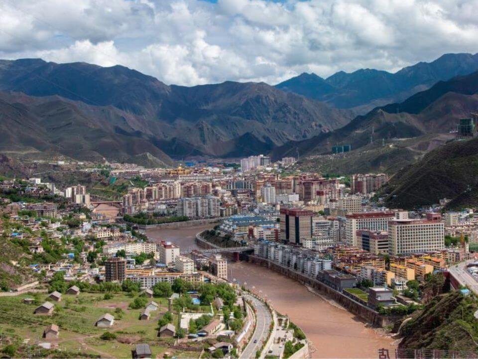 Chamdo city in Tibet surrounded by mountains and river