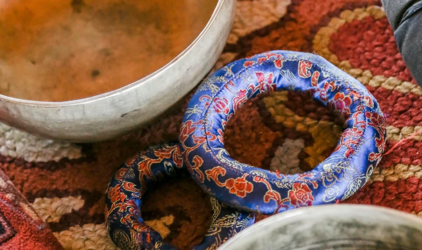 Beautiful collection of tibetan musical bowls showcasing intricate designs.